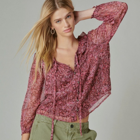 Lucky Brand Tops - Lucky Brand Printed Chiffon Blouse Burgundy With Metallic Stripes Size XL